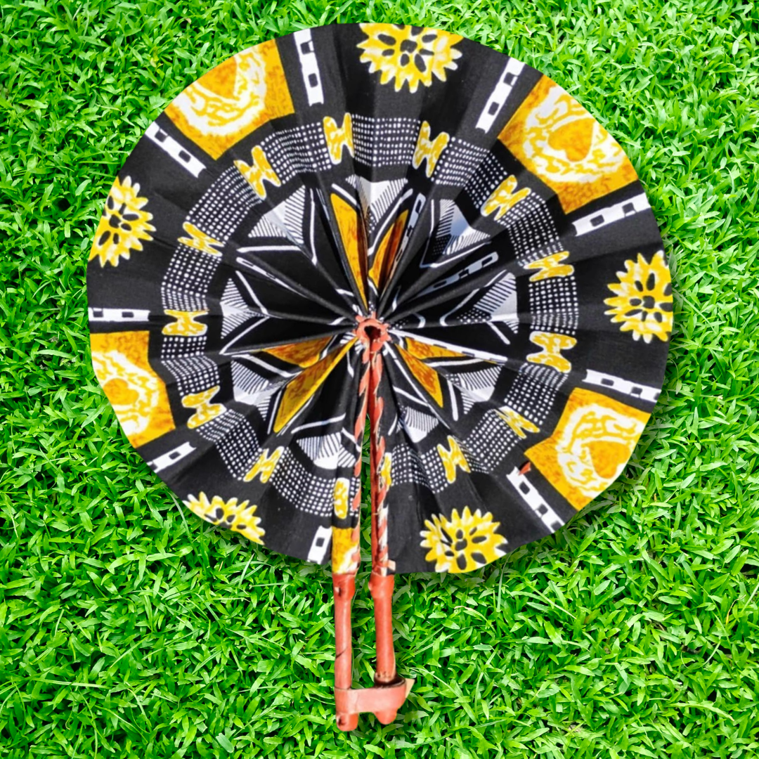 Flower Mudcloth Foldable Ghanaian Ankara Leather Fan