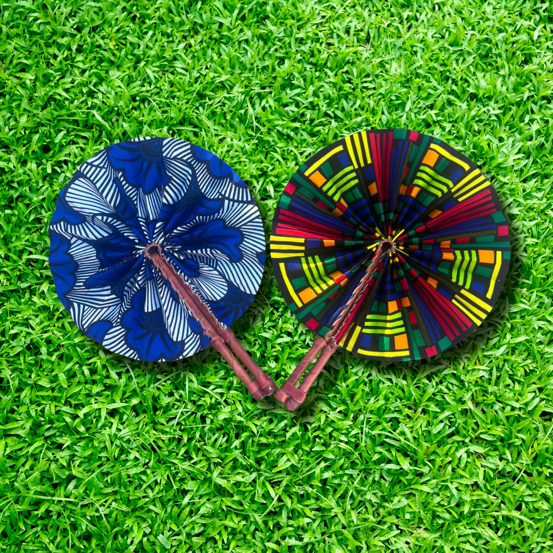 Royal Blue Foldable Ghanaian Ankara Leather Fan
