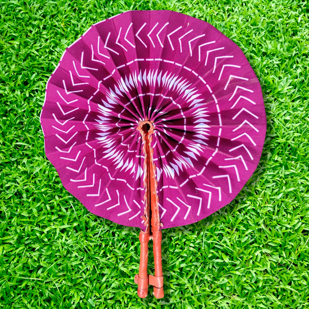 Magenta Pink White Foldable Ghanaian Ankara Leather Fan