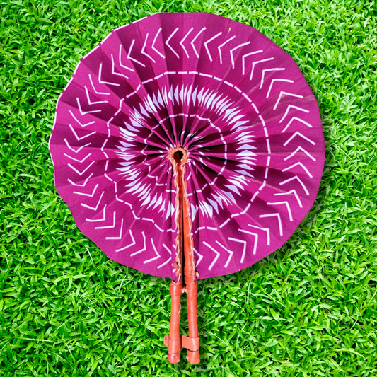 Magenta Pink White Foldable Ghanaian Ankara Leather Fan
