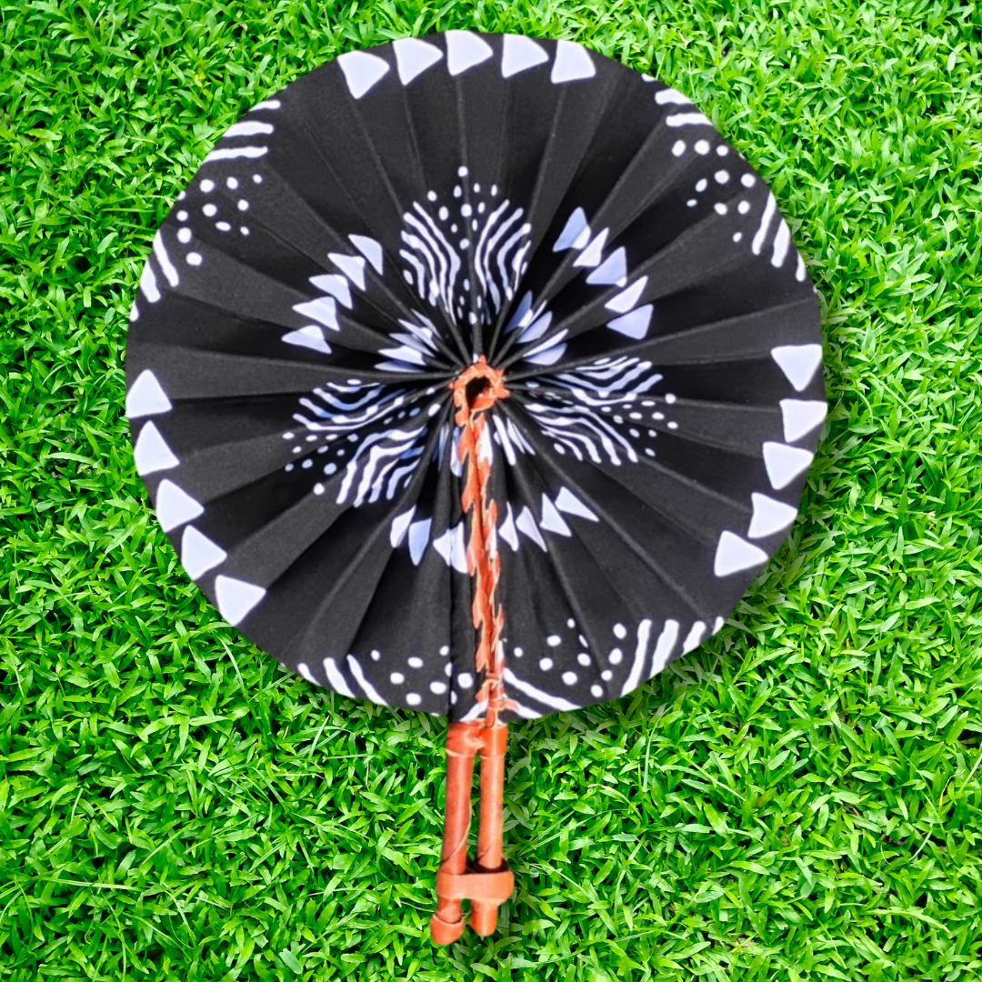 Black White Foldable Ghanaian Ankara Leather Fan
