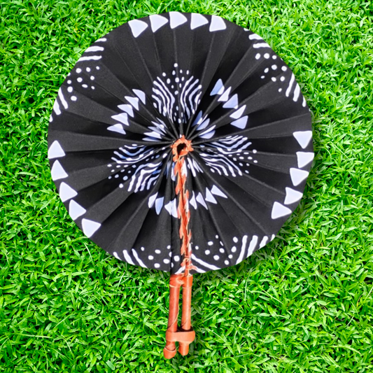 Black White Foldable Ghanaian Ankara Leather Fan