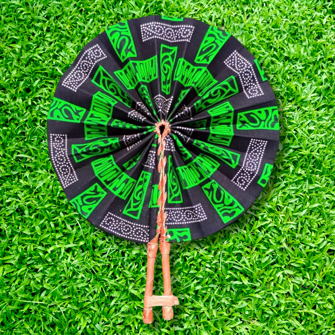 Green Black White Foldable Ghanaian Ankara Leather Fan
