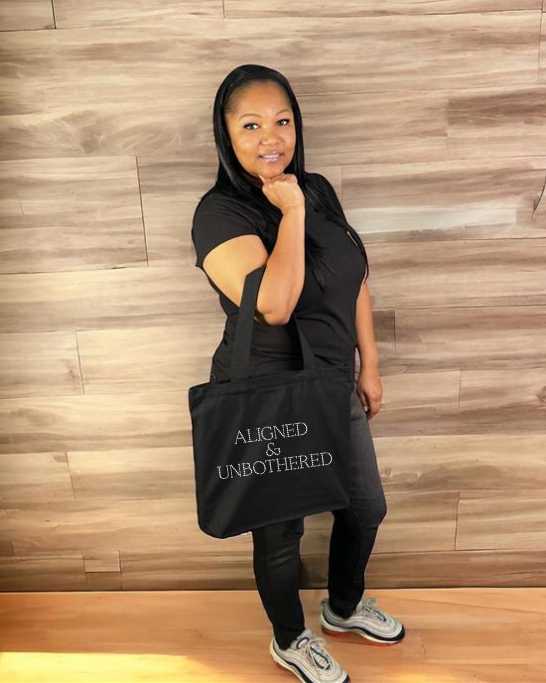 Aligned & Unbothered Rhinestone Tote Bag