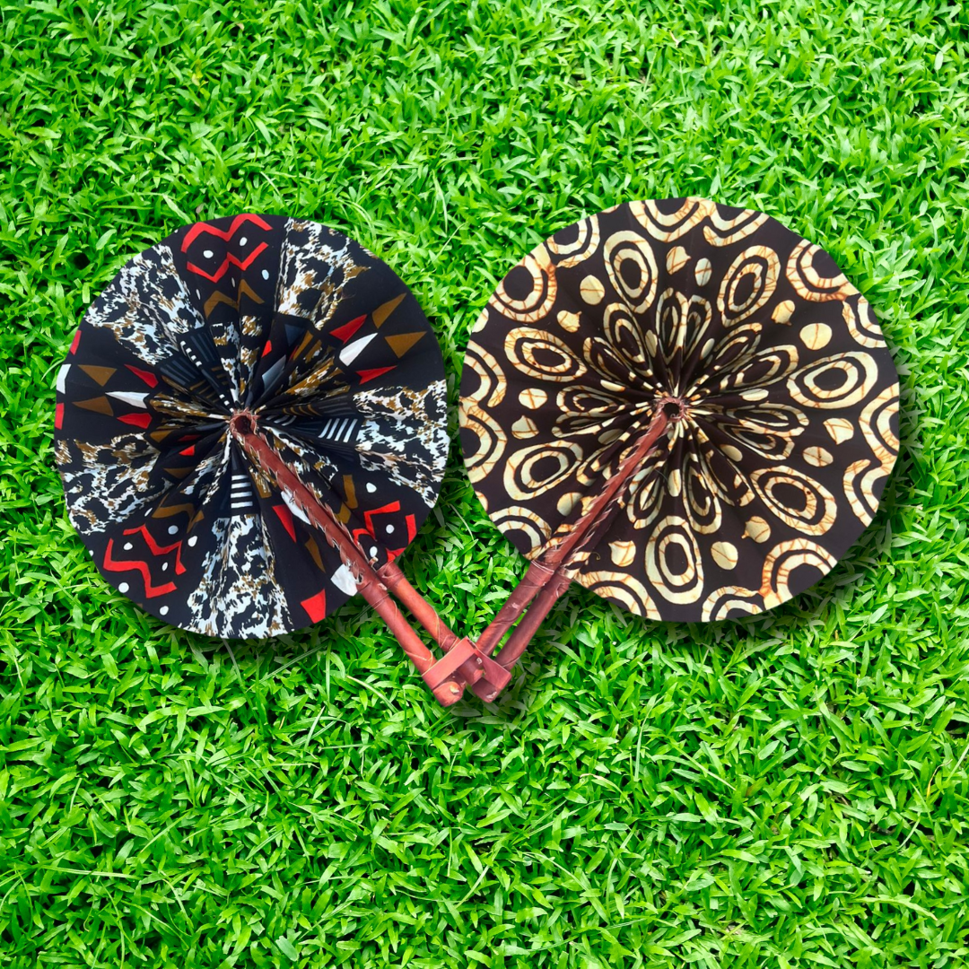 Brown Tan Circles Foldable Ghanaian Ankara Leather Fan