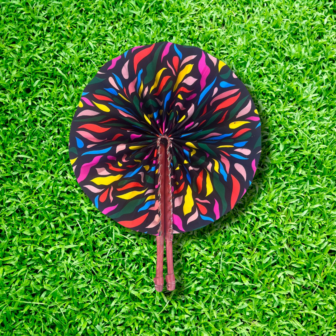 Multi-color Leaves Foldable Ghanaian Ankara Leather Fan