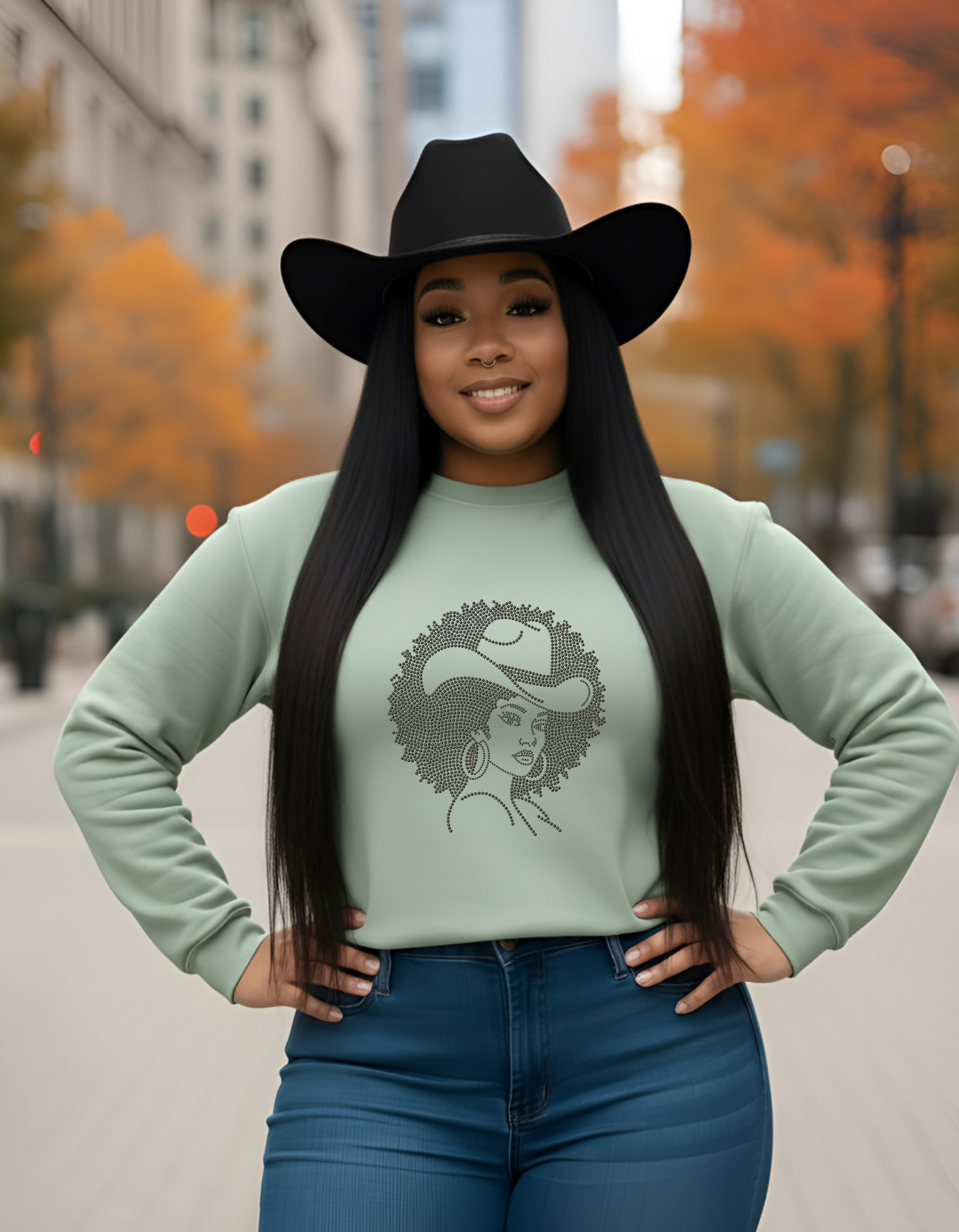 Frosty Green Afro Queen Colorful Cowgirl Rhinestone Sweatshirt