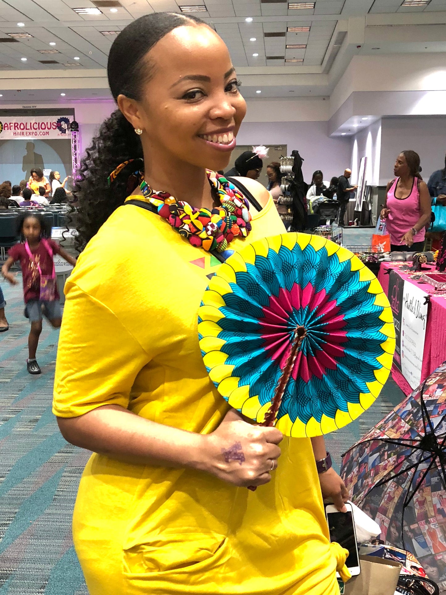 Blue Foldable Ghanaian Ankara Leather Fan