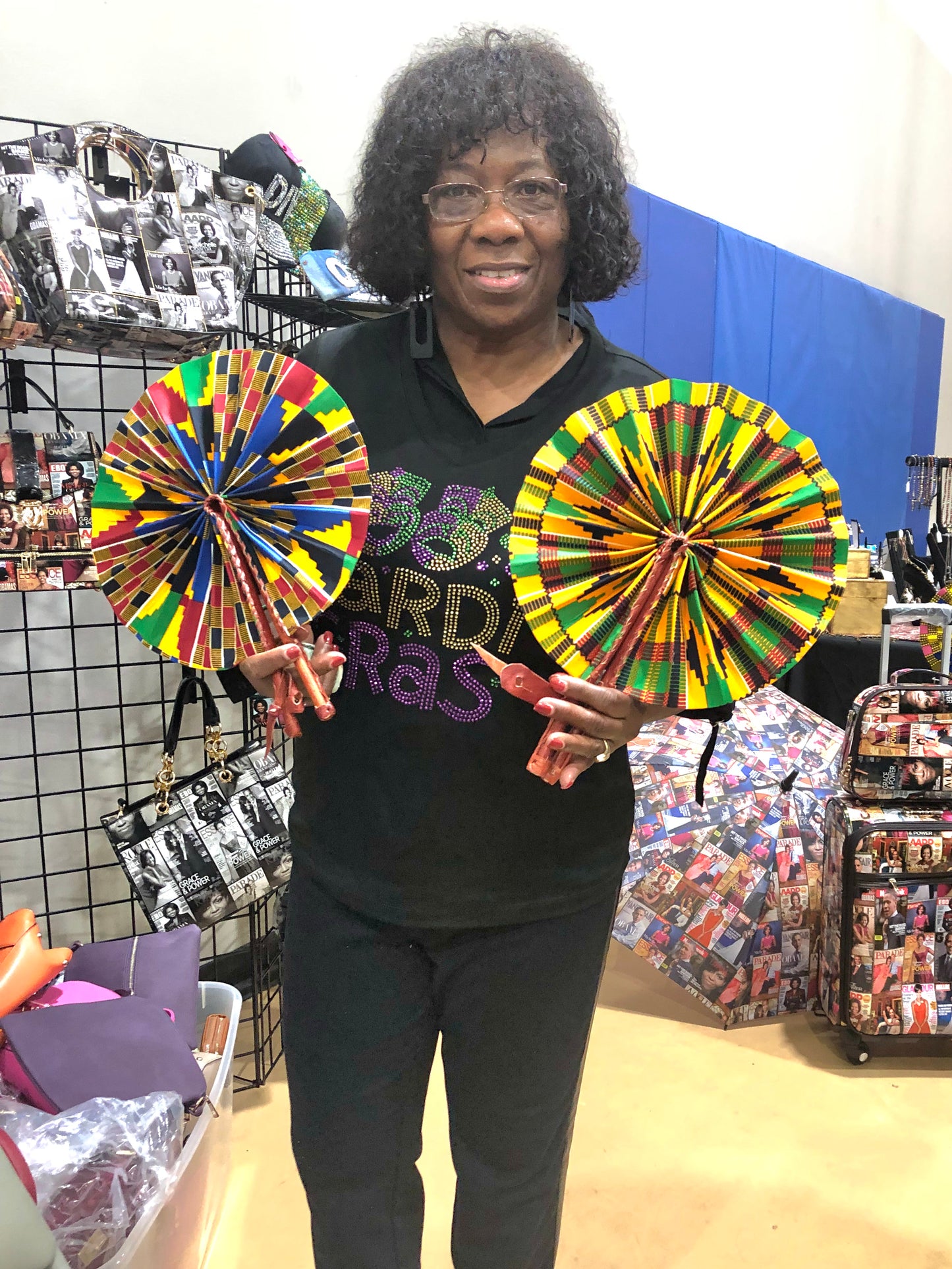 Blue Foldable Ghanaian Ankara Leather Fan