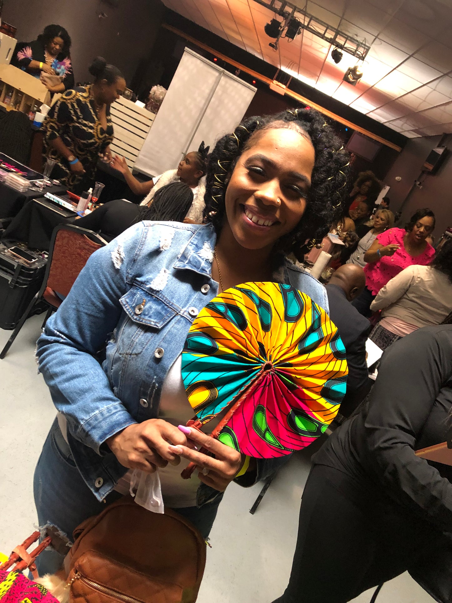 Brown Tan Circles Foldable Ghanaian Ankara Leather Fan