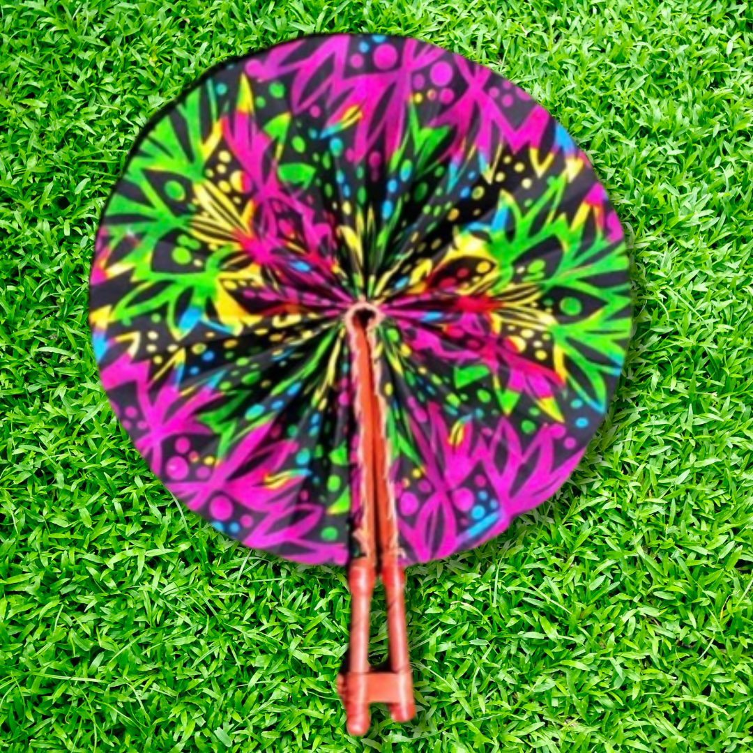 Pink Black Green Foldable Ghanaian Ankara Leather Fan