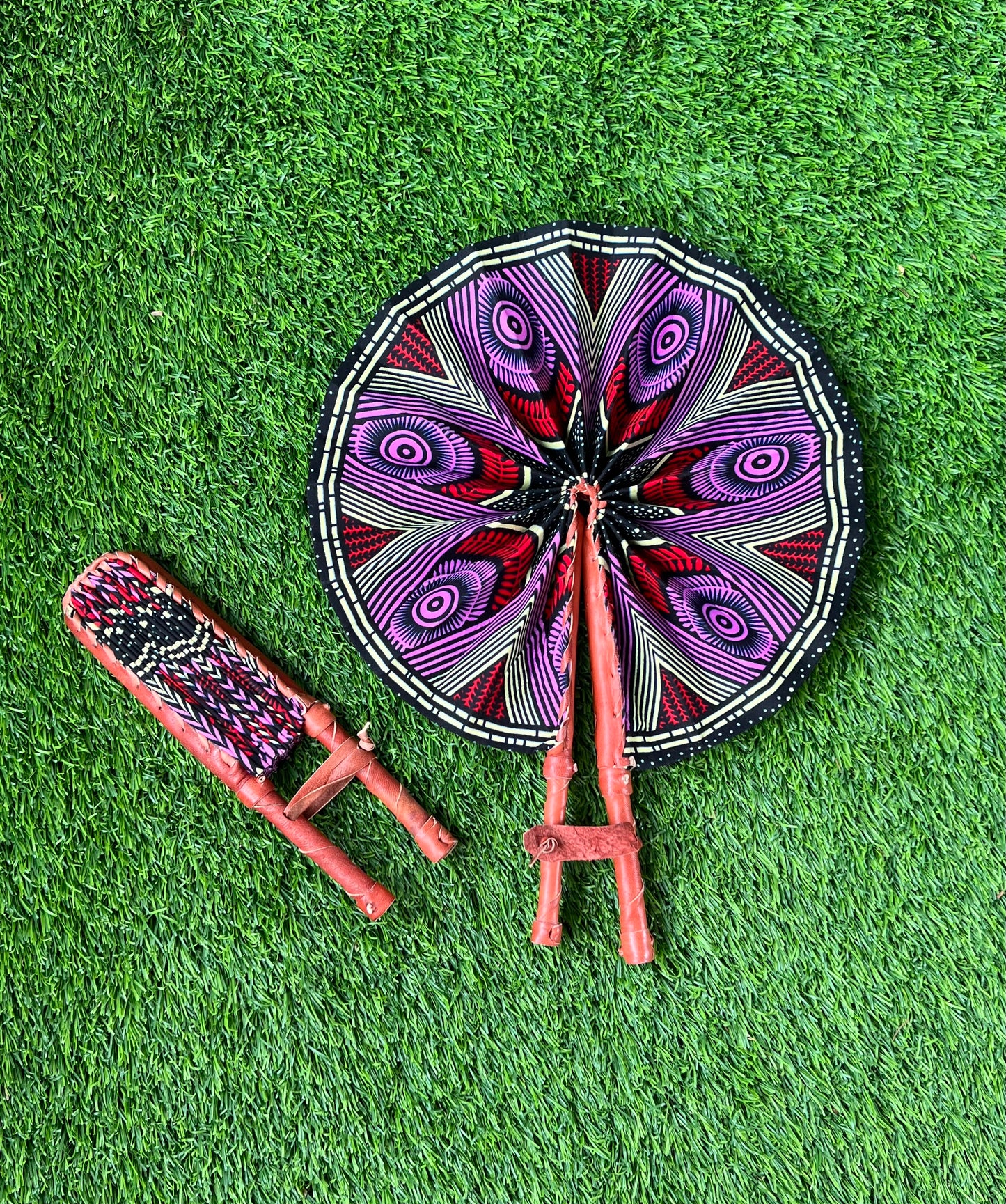 Black Red Pink Foldable Ghanaian Ankara Leather Fan