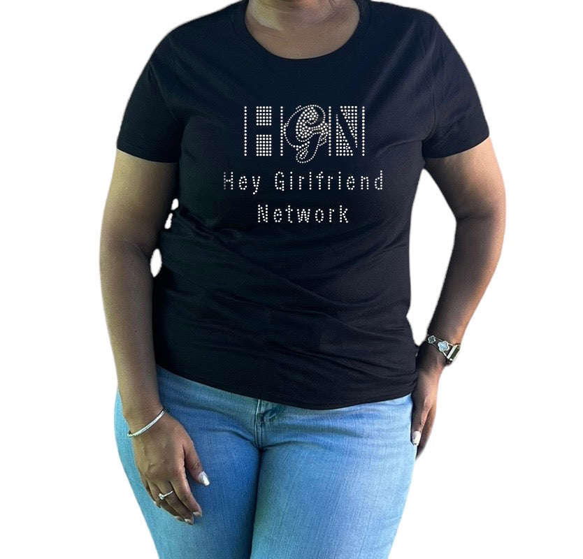 Hey Girlfriend Network Women's Fitted Rhinestone T-shirt