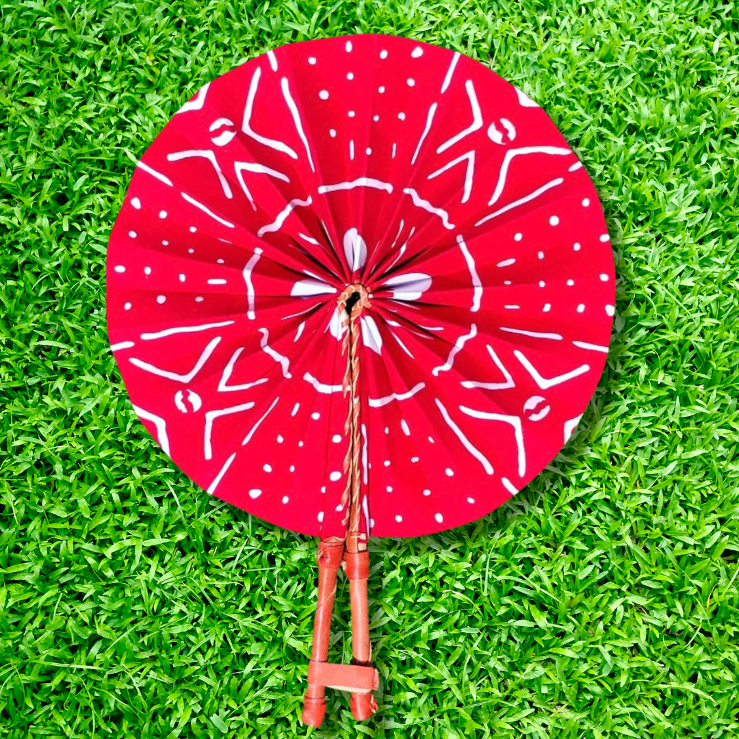 Red White Foldable Ghanaian Ankara Leather Fan