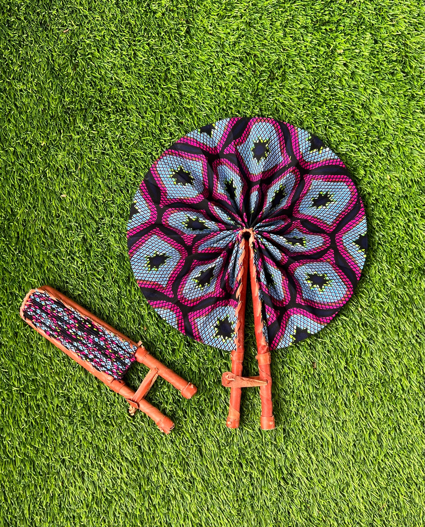 Honeycomb Black Pink White Foldable Ghanaian Ankara Leather Fan