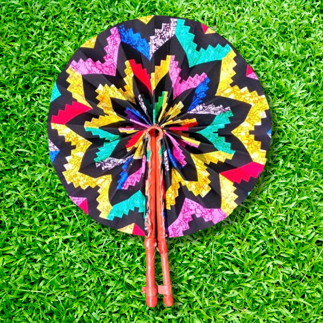 Yellow Aqua Black Flower Foldable Ghanaian Ankara Leather Fan
