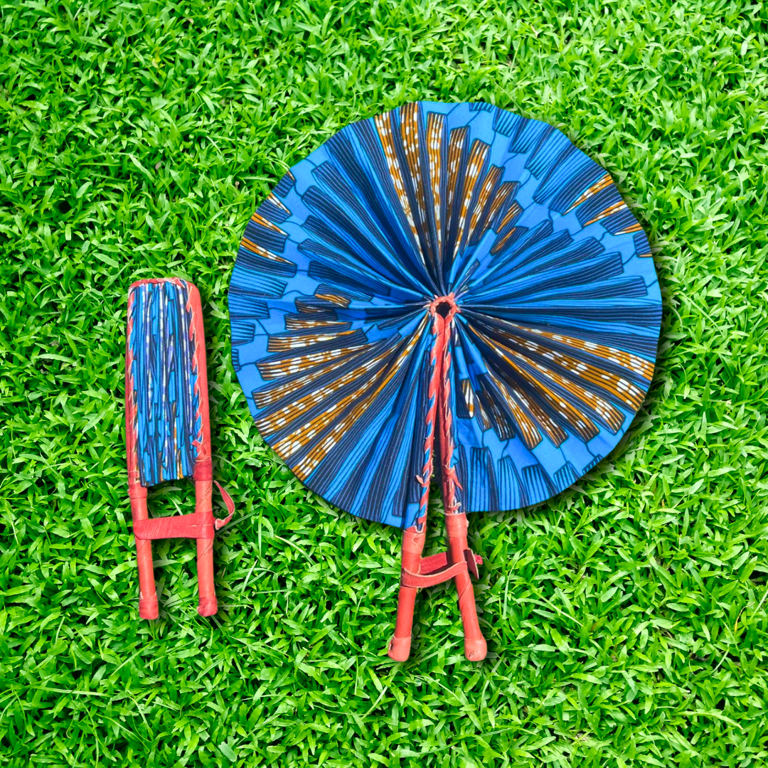 Blue Foldable Ghanaian Ankara Leather Fan