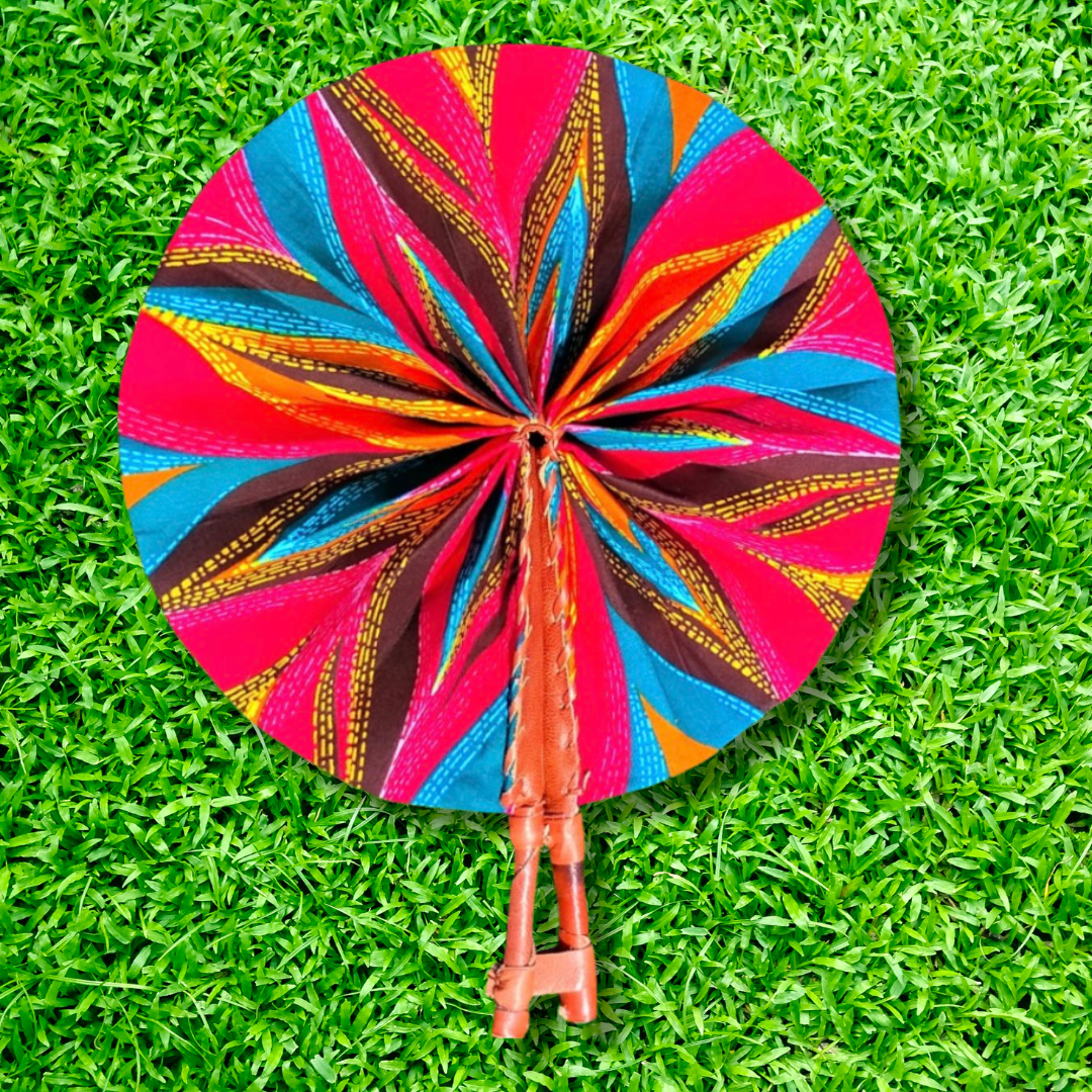Fuchsia Red Turquoise Foldable Ghanaian Ankara Leather Fan