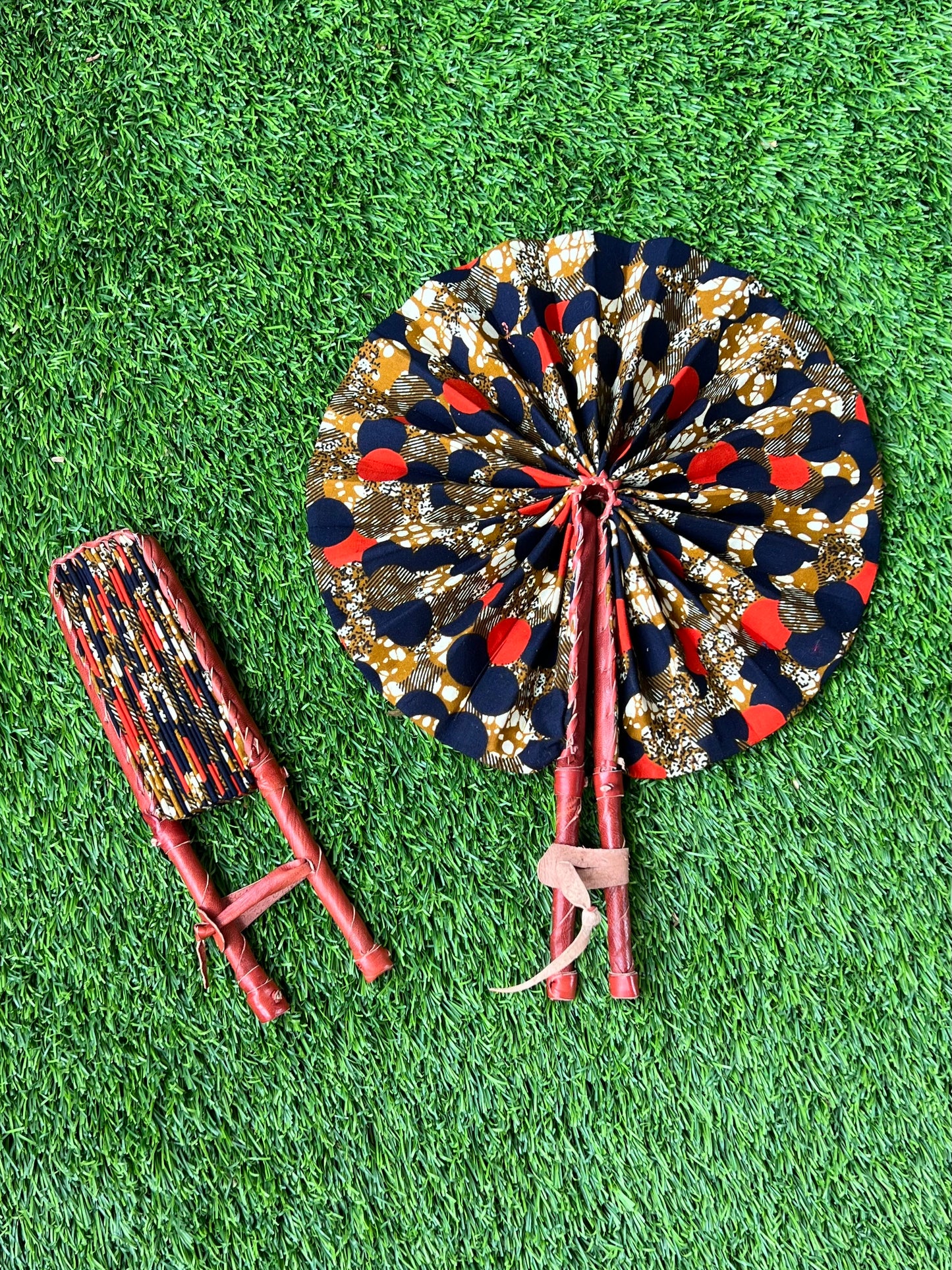 Olive Navy Foldable Ghanaian Ankara Leather Fan