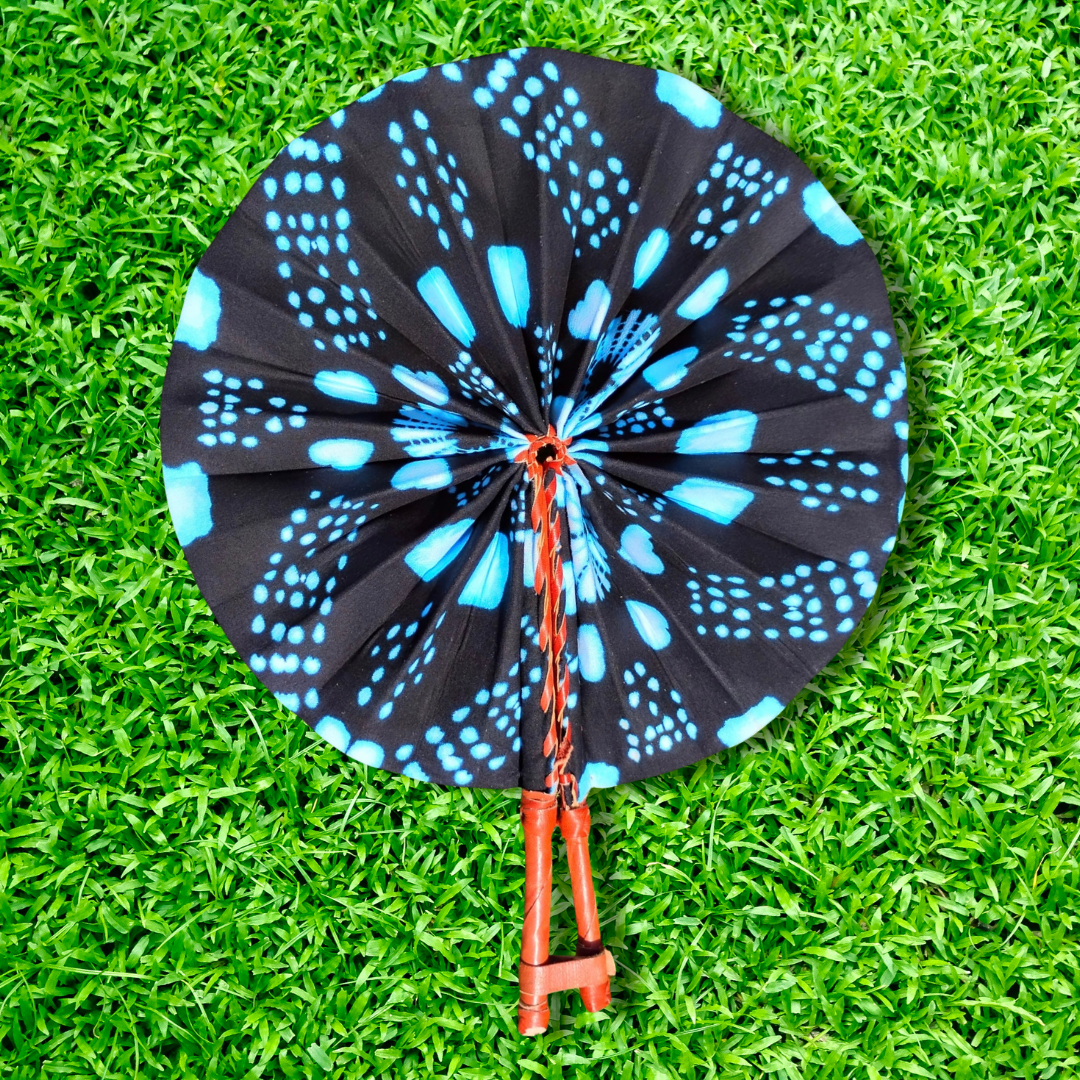 Black Light Blue Foldable Ghanaian Ankara Leather Fan