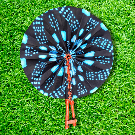 Black Light Blue Foldable Ghanaian Ankara Leather Fan