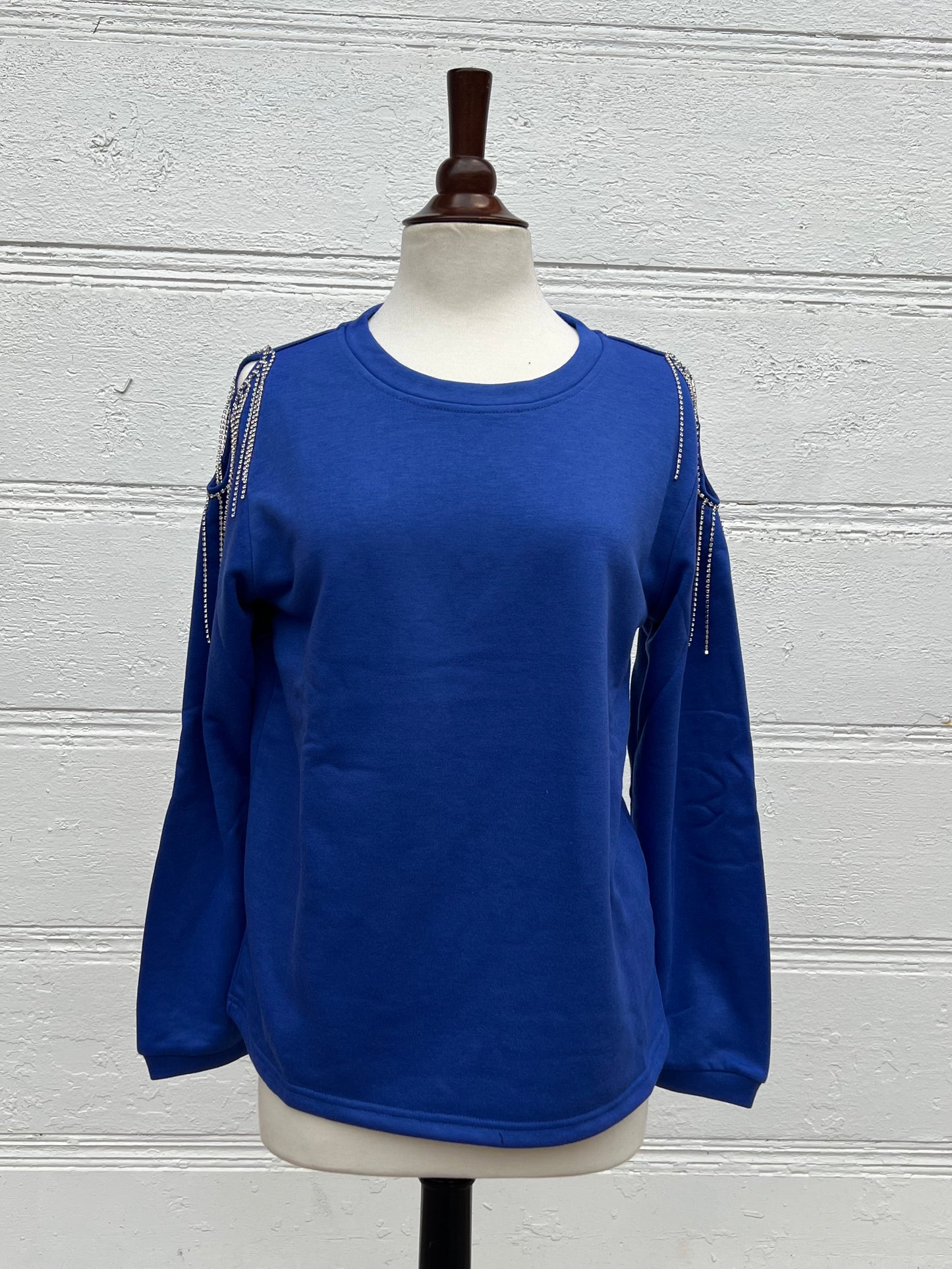 Blue Rhinestone Cold Shoulder Sweatshirt