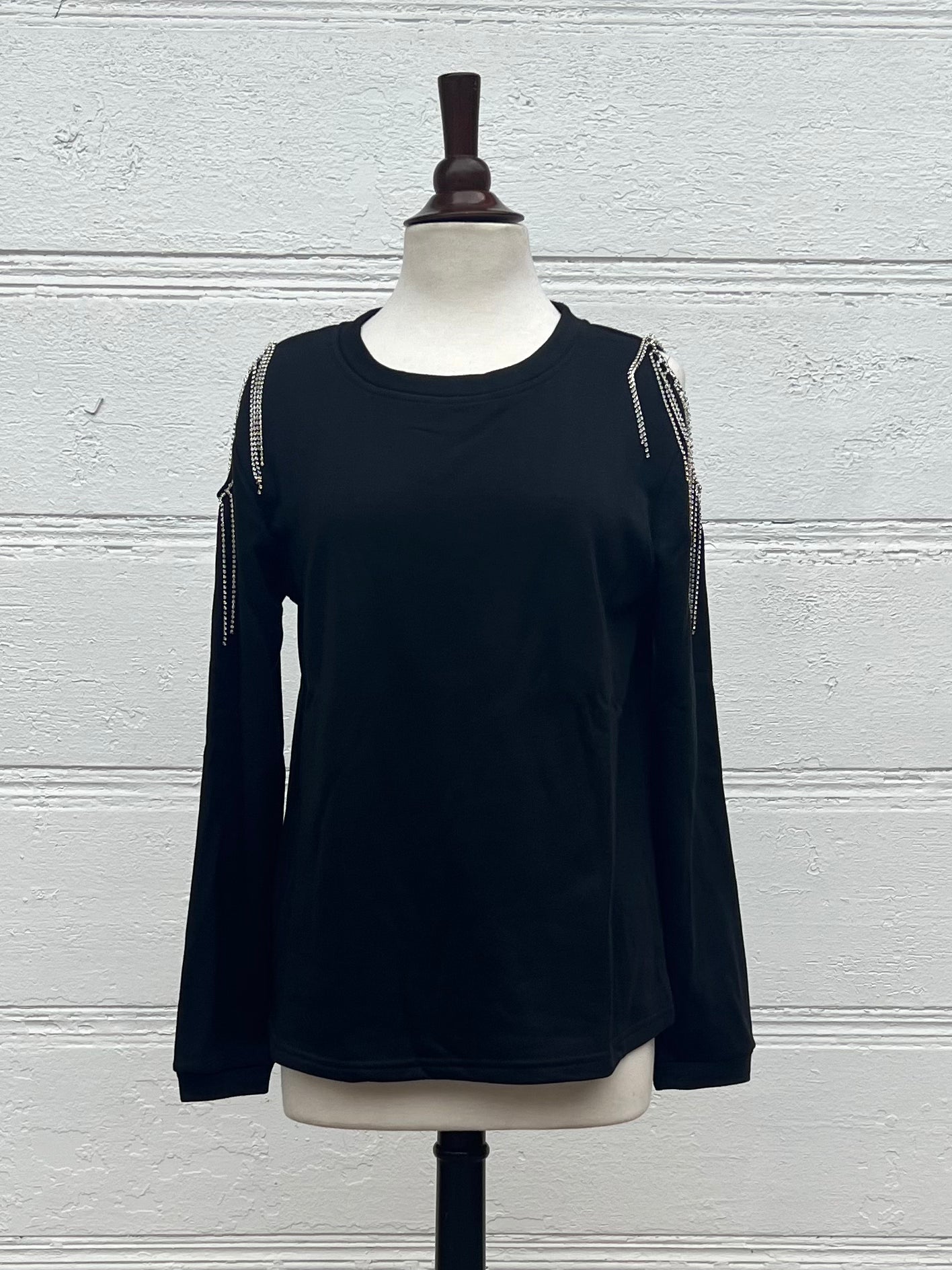 Black Rhinestone Cold Shoulder Sweatshirt
