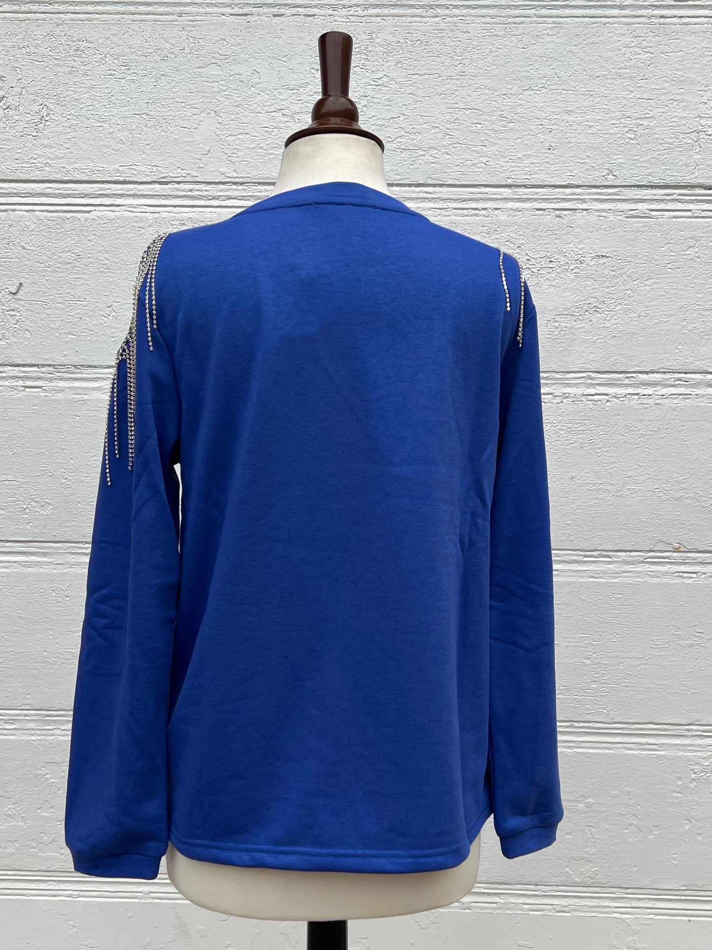 Blue Rhinestone Cold Shoulder Sweatshirt