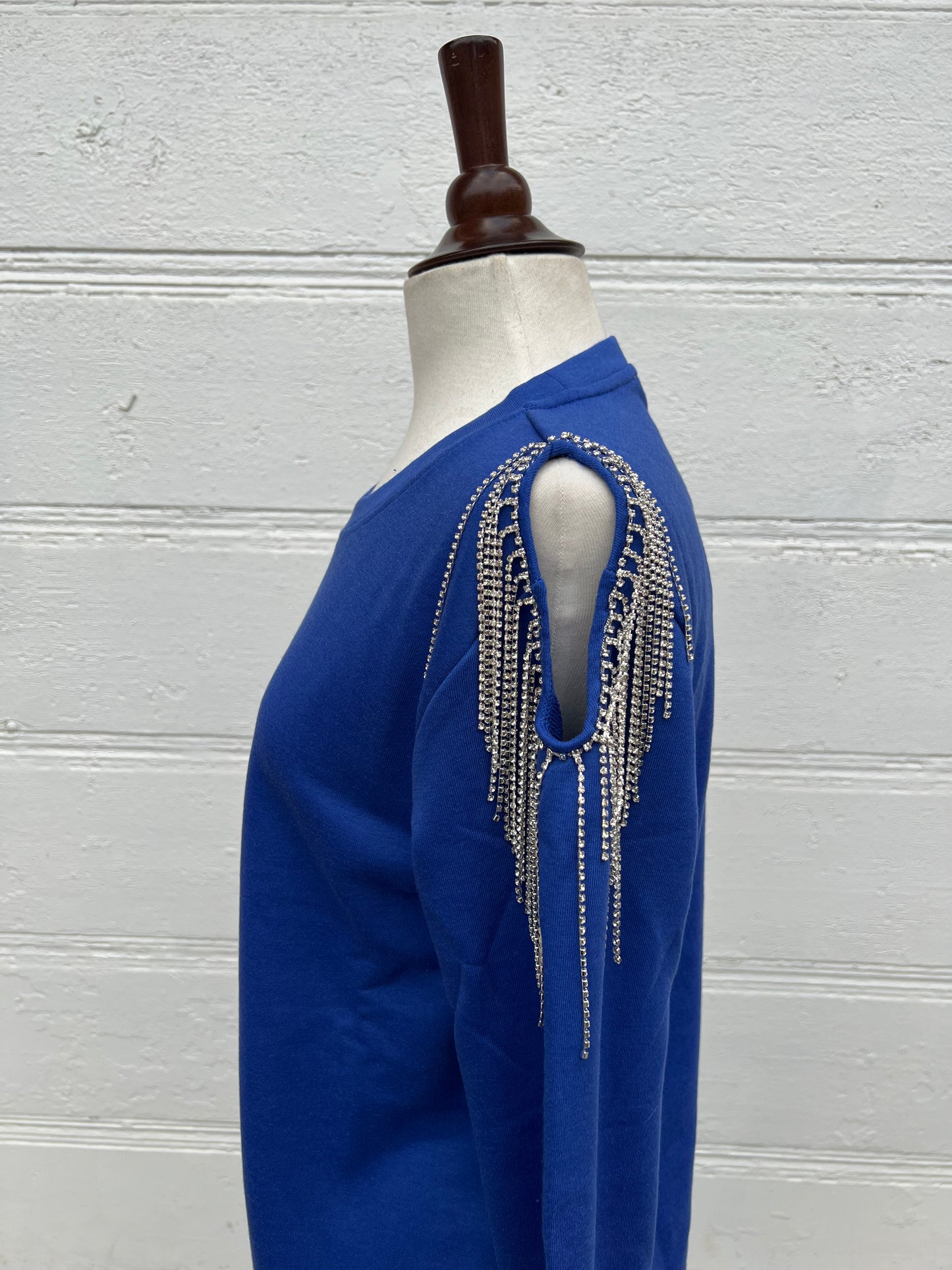 Blue Rhinestone Cold Shoulder Sweatshirt