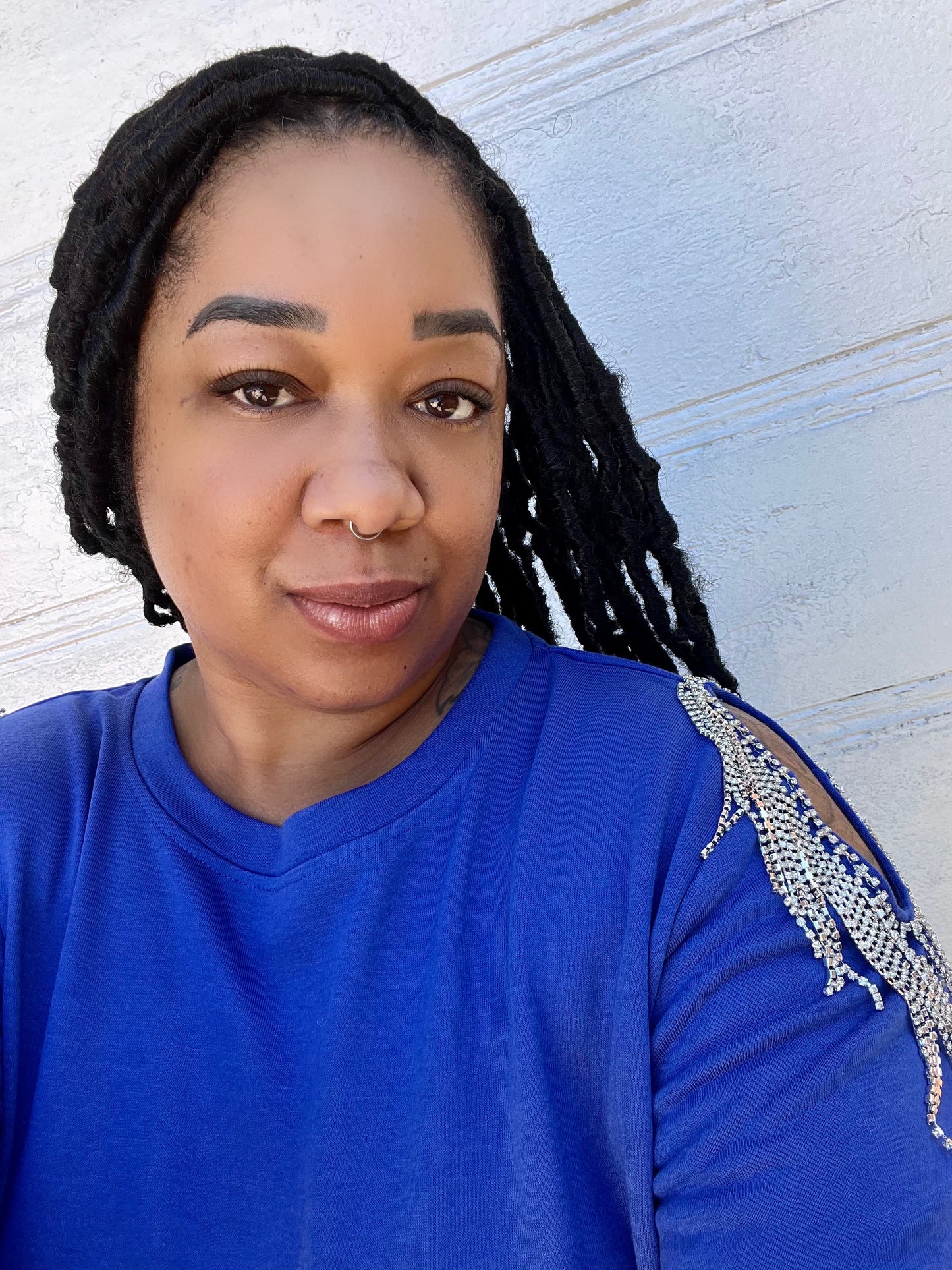 Blue Rhinestone Cold Shoulder Sweatshirt