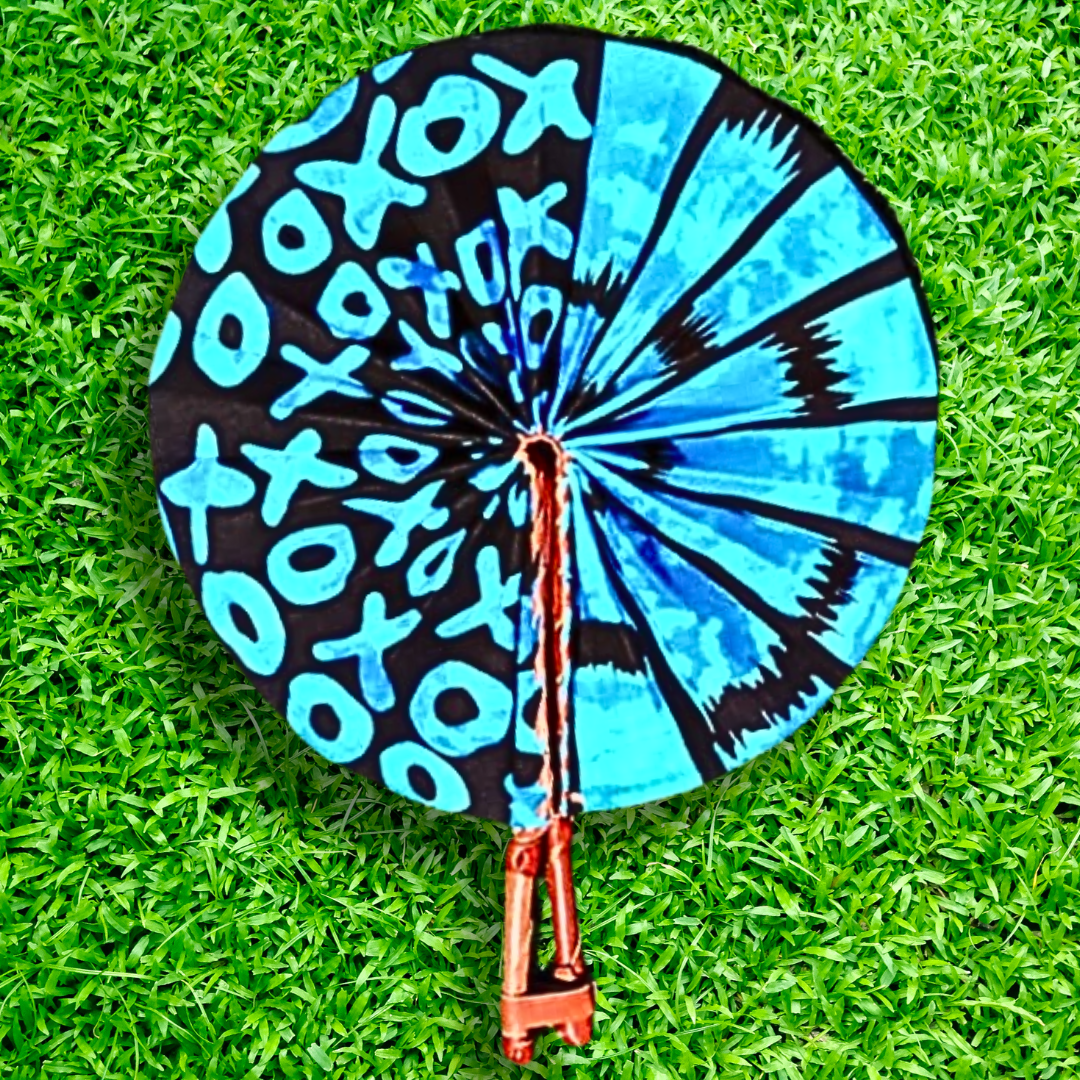 Aqua and Black Foldable Ghanaian Ankara Leather Fan