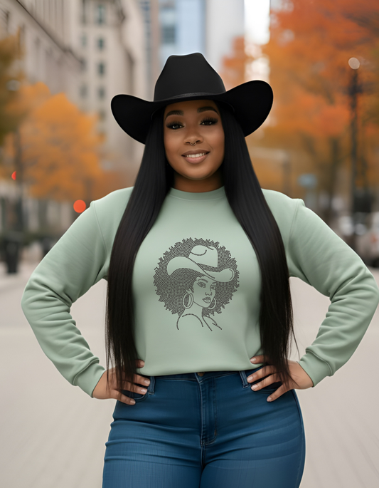 Frosty Green Afro Queen Colorful Cowgirl Rhinestone Sweatshirt
