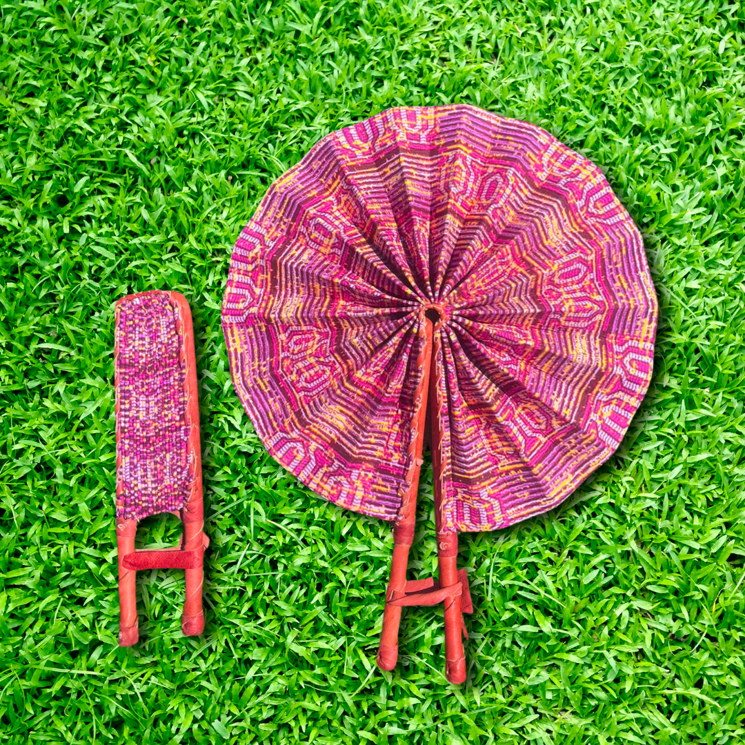 Pink and Lavender Foldable Ghanaian Ankara Leather Fan