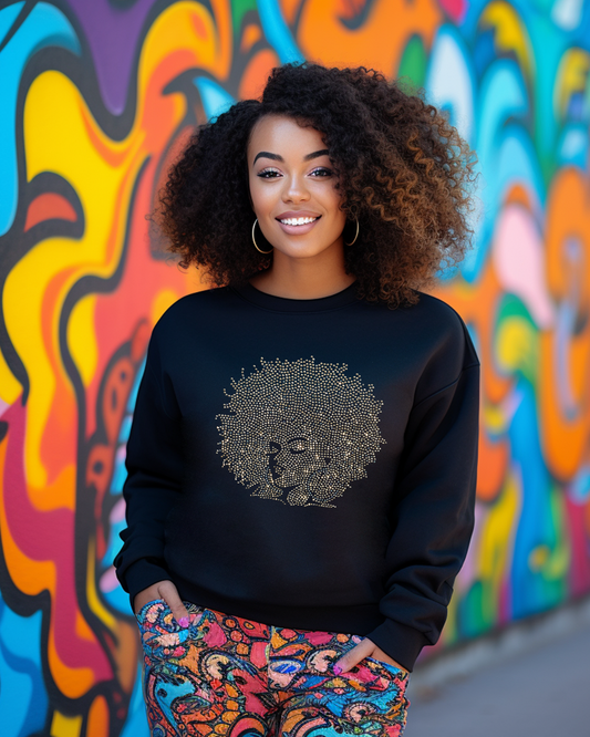 Gold Afro Queen Rhinestone Sweatshirt