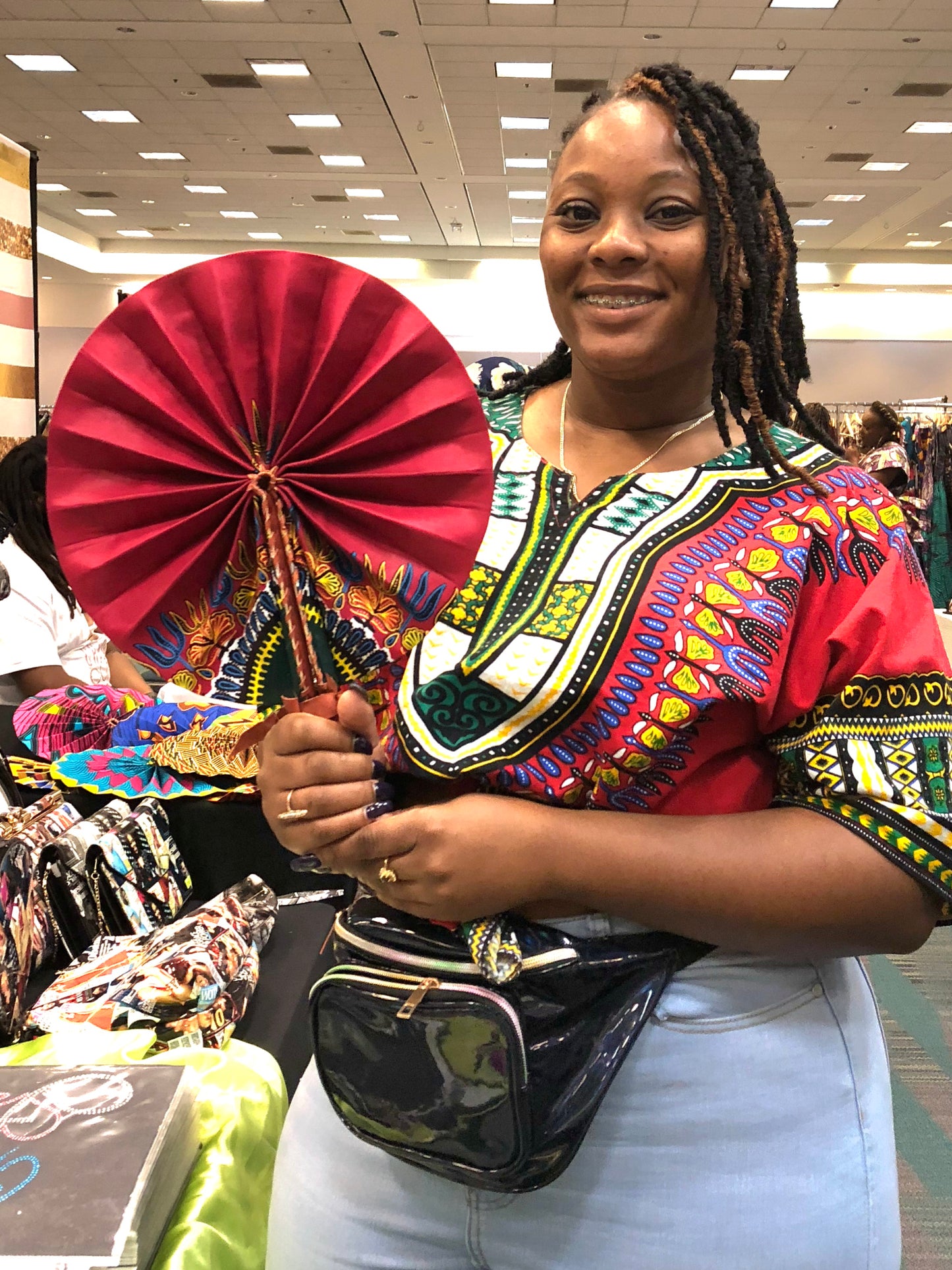 Lime Pink Tribal Foldable Ghanaian Ankara Leather Fan