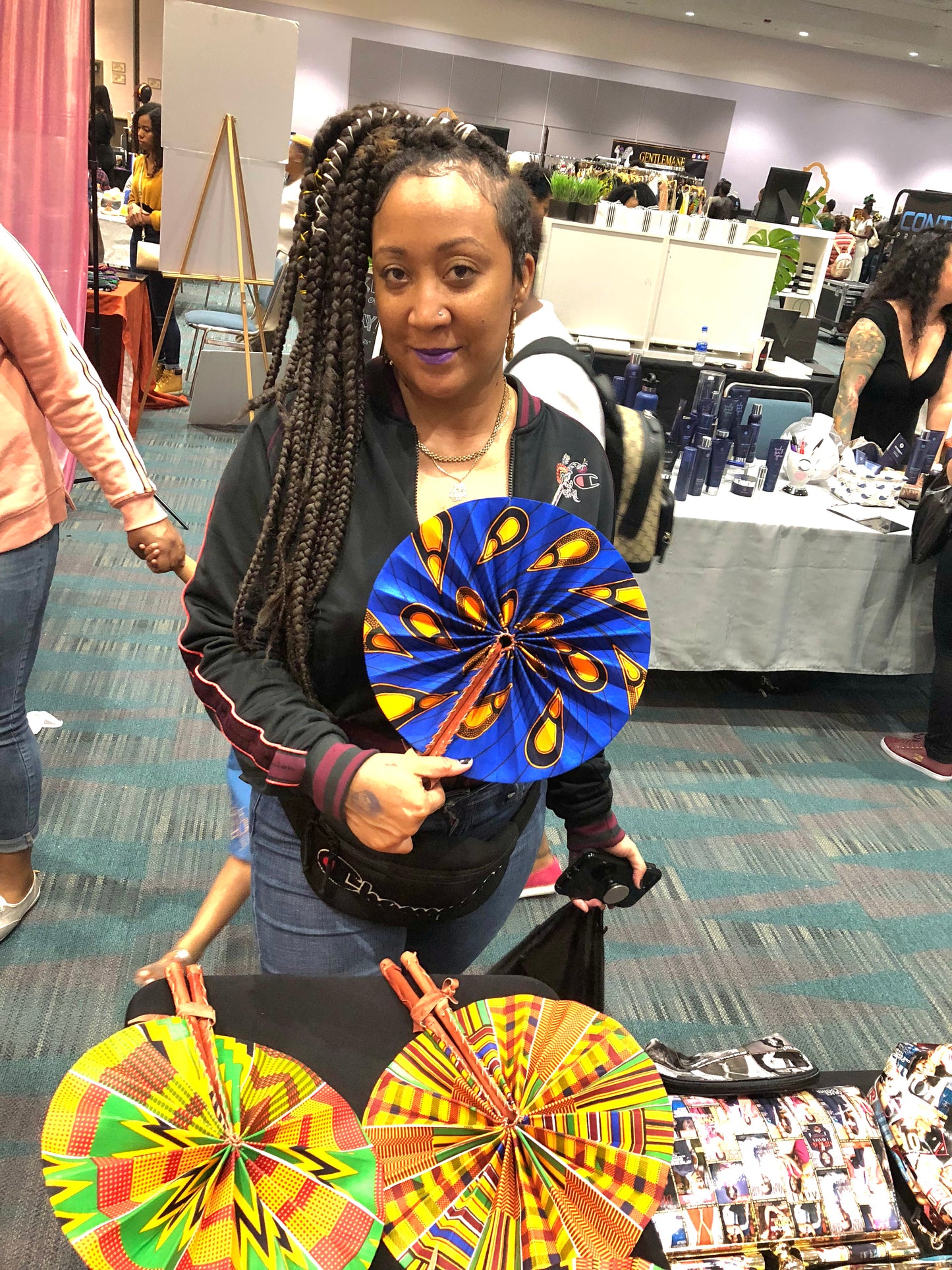 Purple and Gold Foldable Ghanaian Ankara Leather Fan