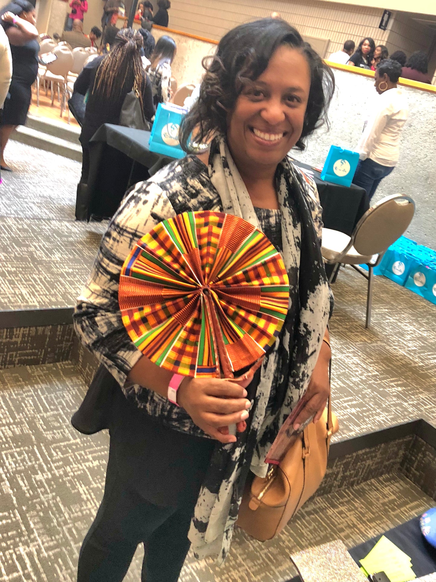 Turquoise and Light Pink Foldable Ghanaian Ankara Leather Fan