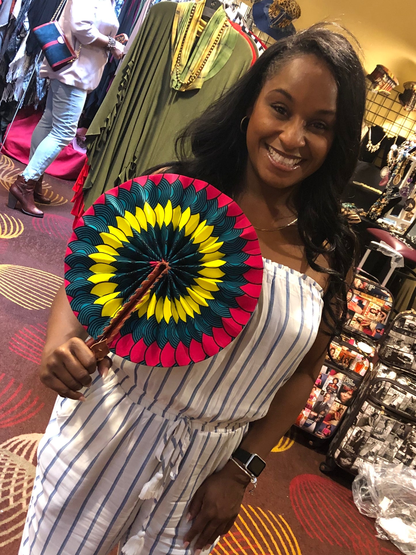 Black Red Pink Foldable Ghanaian Ankara Leather Fan