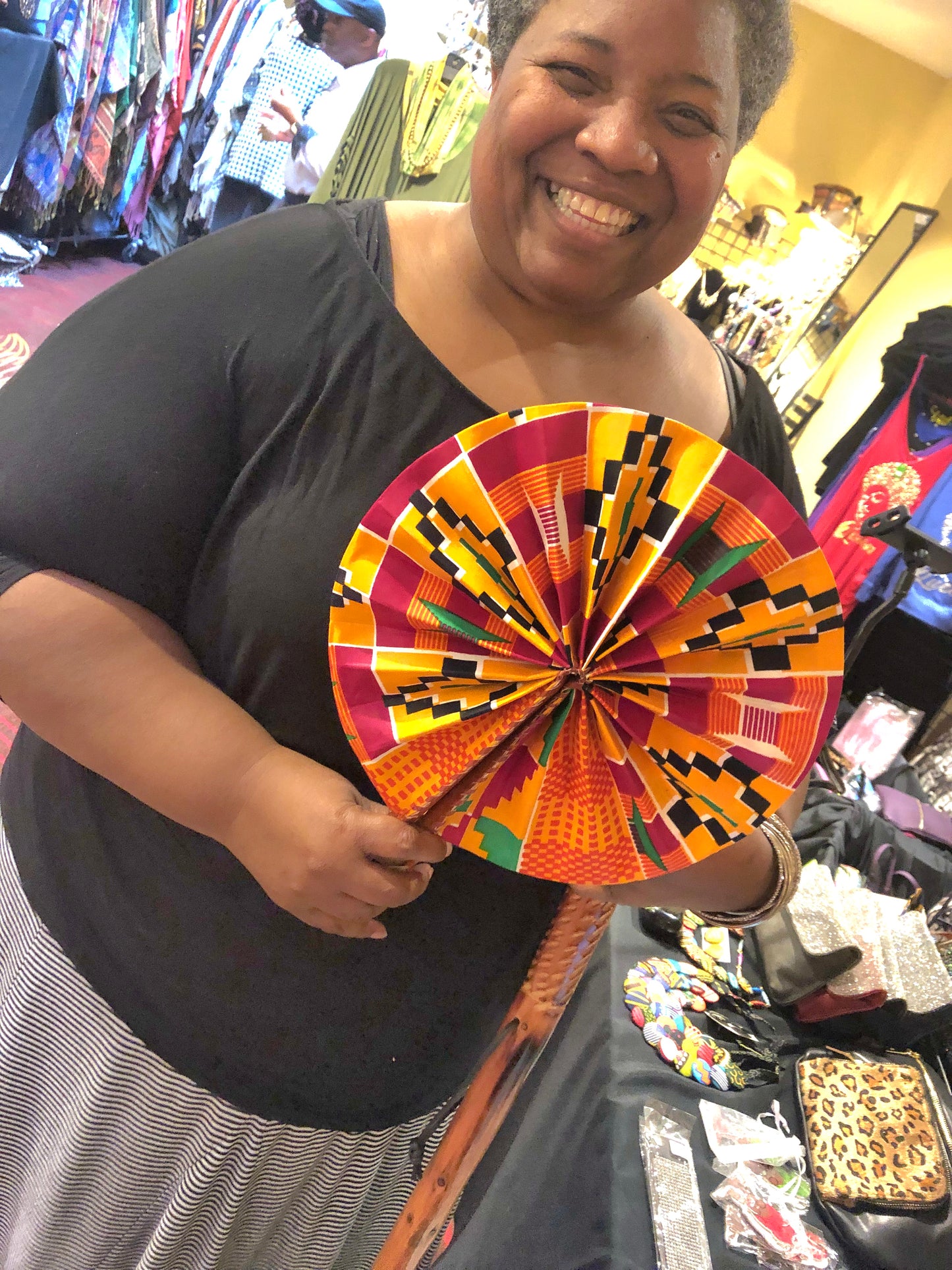 Orange Black Foldable Ghanaian Ankara Leather Fan