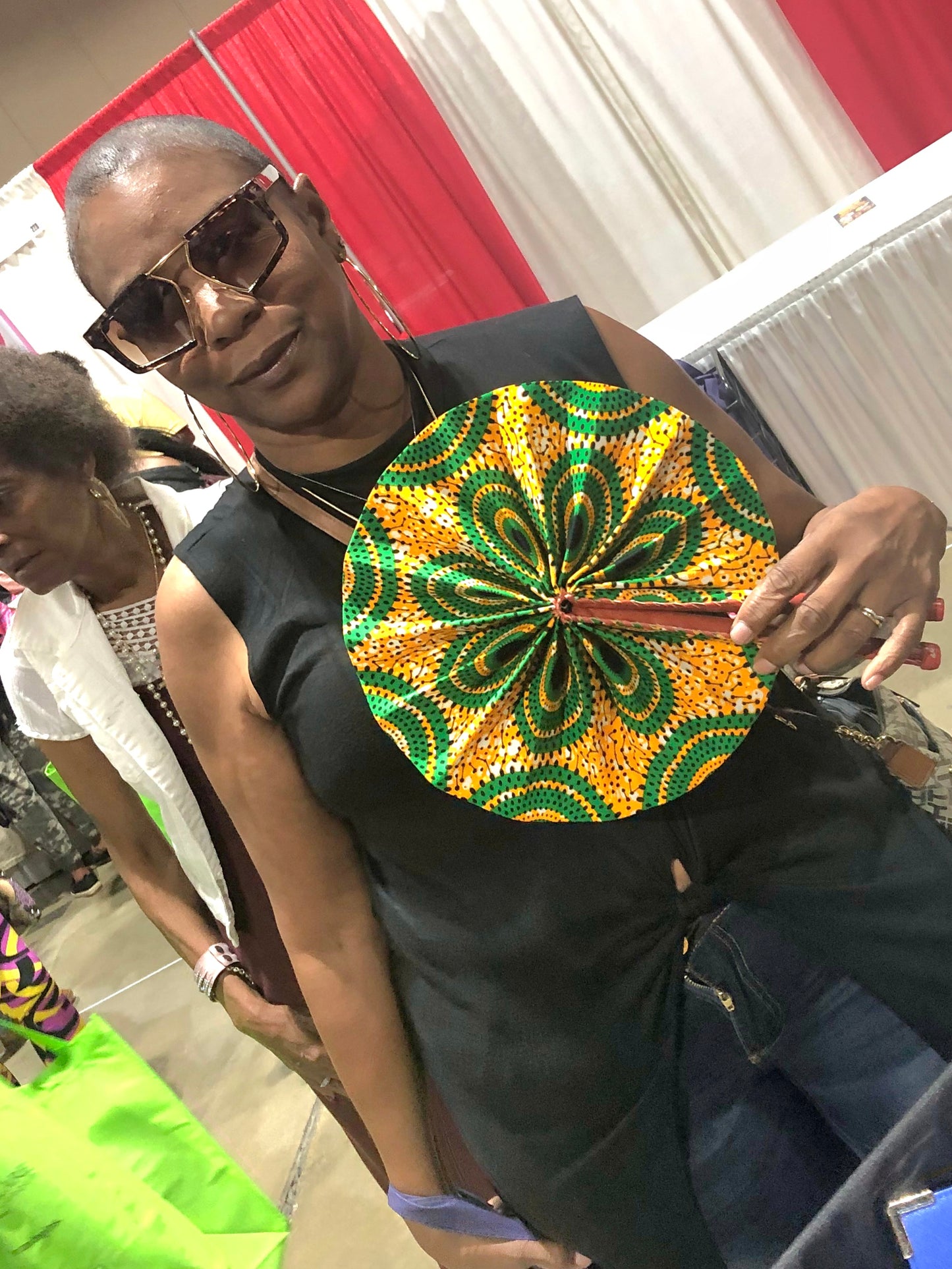 Pink Green Flower Foldable Ghanaian Ankara Leather Fan