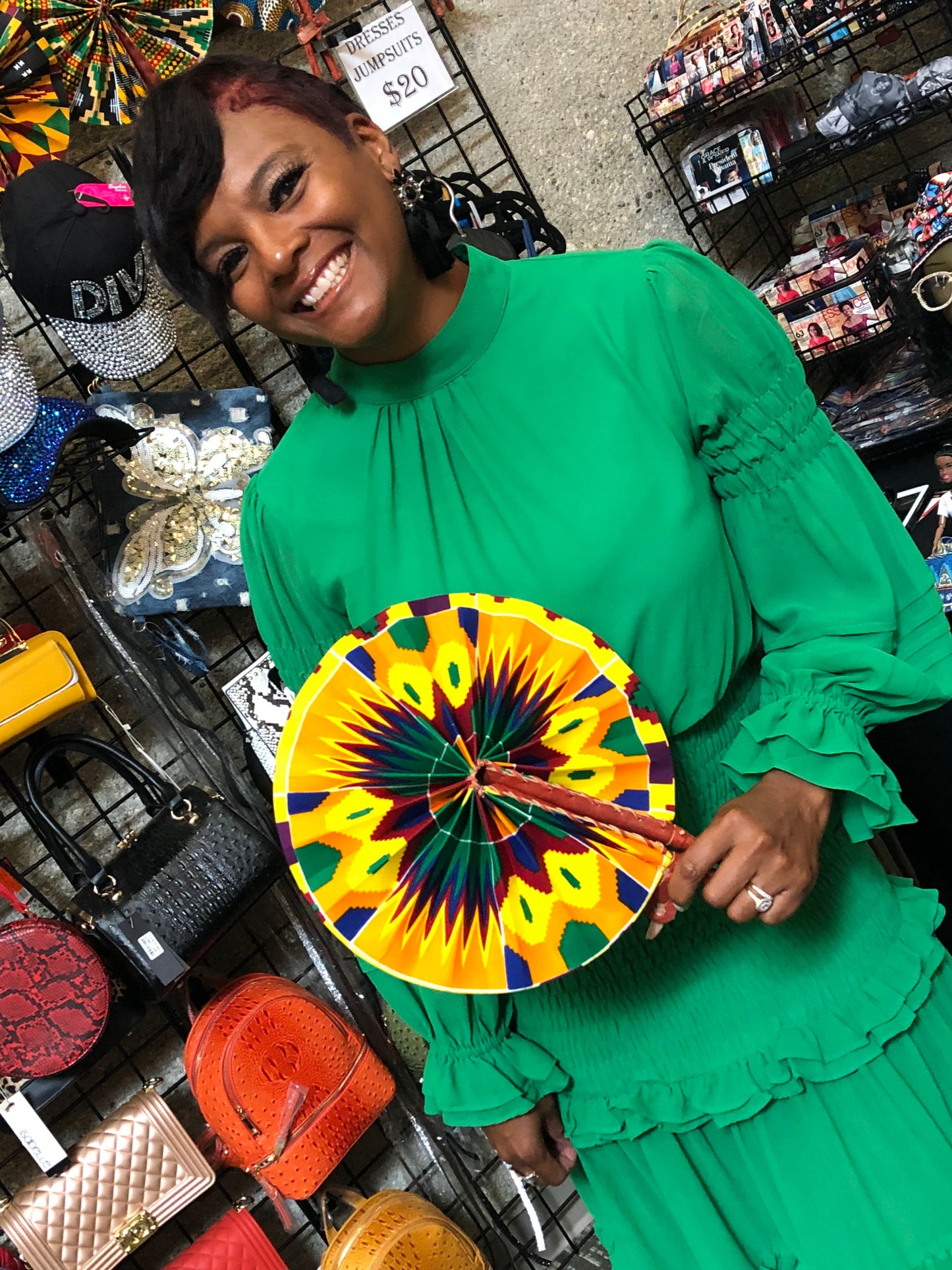 Black Red Pink Foldable Ghanaian Ankara Leather Fan