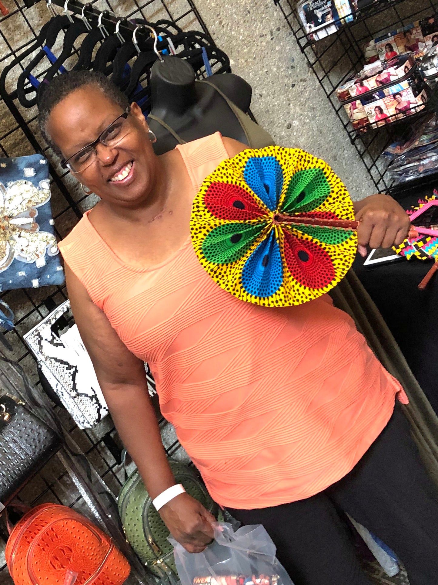 Pinkie Foldable Ghanaian Ankara Leather Fan