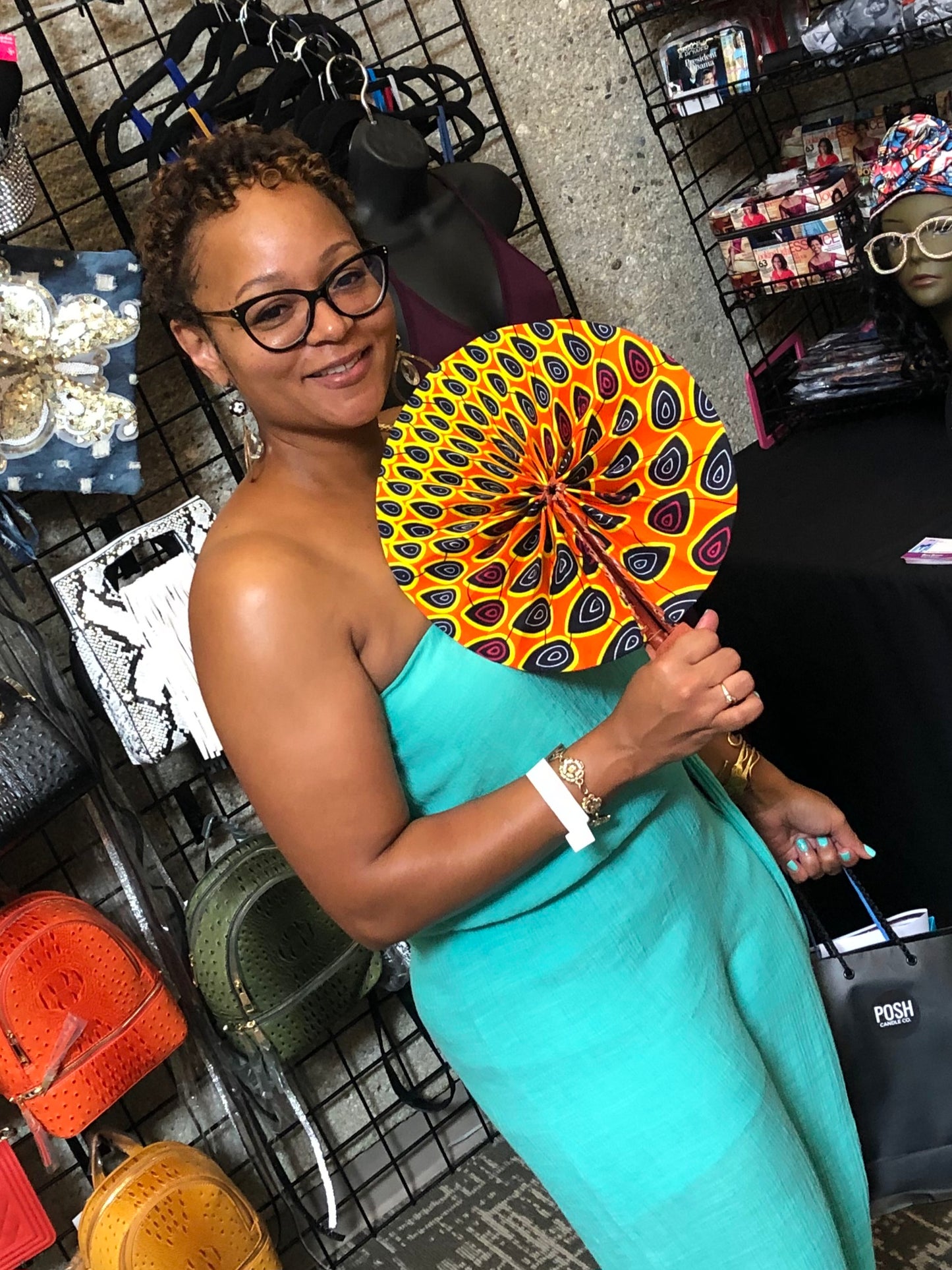 Black Red Pink Foldable Ghanaian Ankara Leather Fan