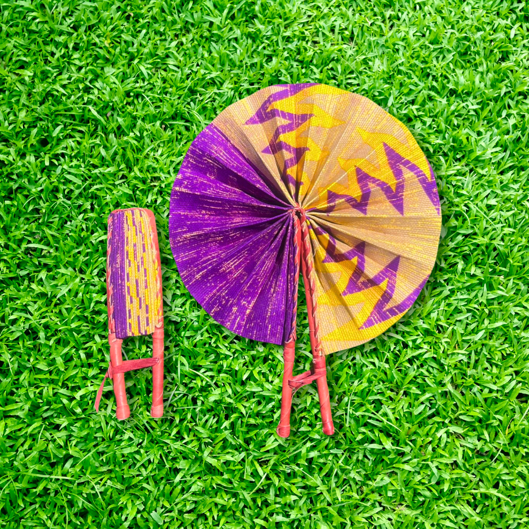 Purple and Gold Foldable Ghanaian Ankara Leather Fan