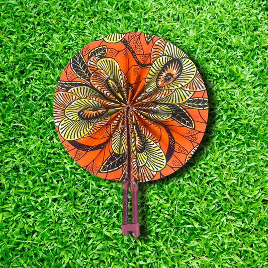 Orange Blossom Foldable Ghanaian Ankara Leather Fan