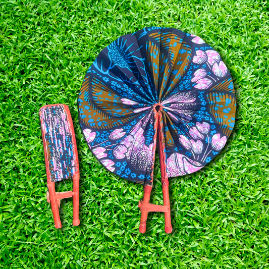 Turquoise and Light Pink Foldable Ghanaian Ankara Leather Fan