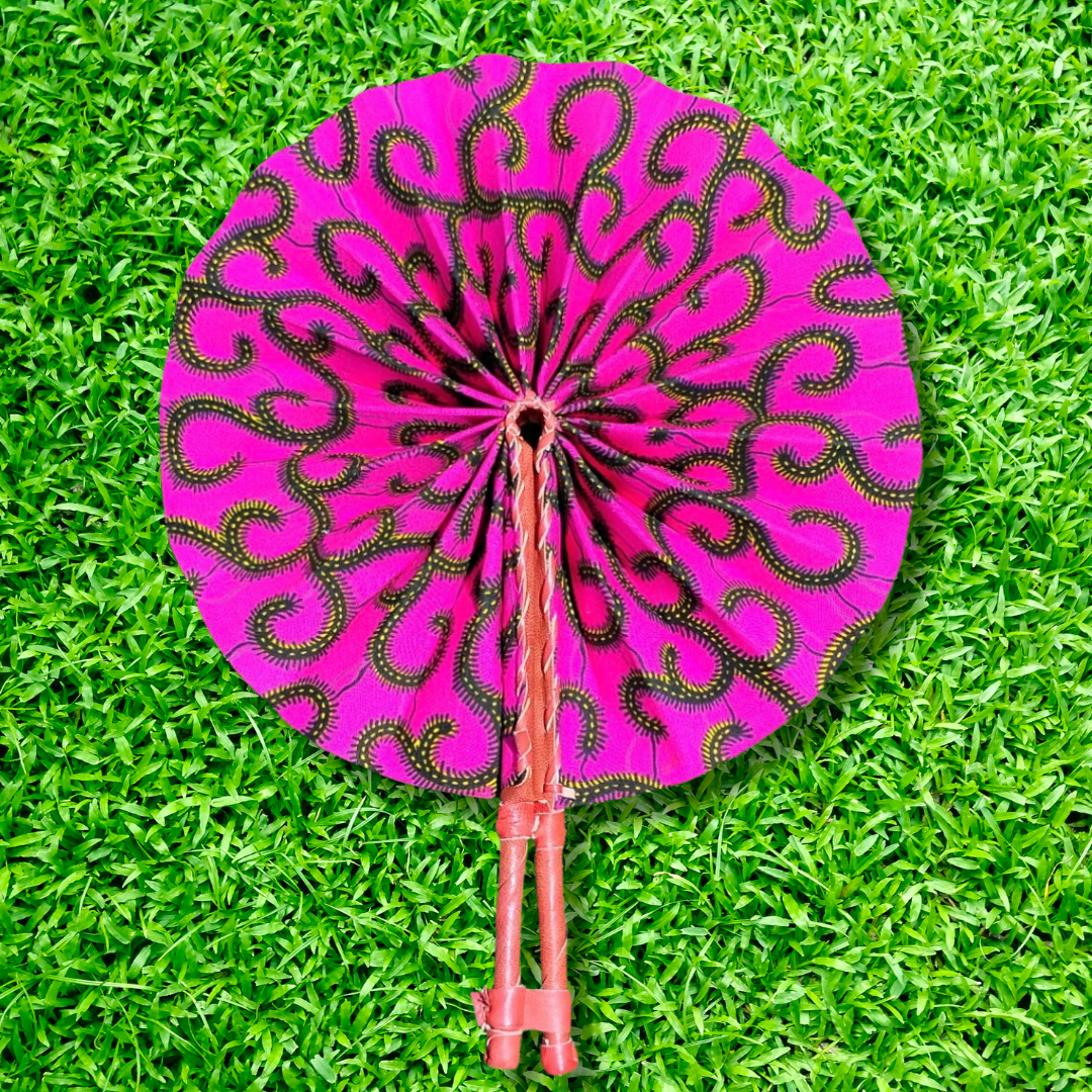 Pink Black Yellow Swirls Foldable Ghanaian Ankara Leather Fan