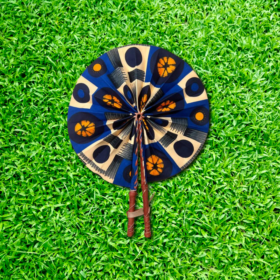 Royal Orange Tribal Foldable Ghanaian Ankara Leather Fan