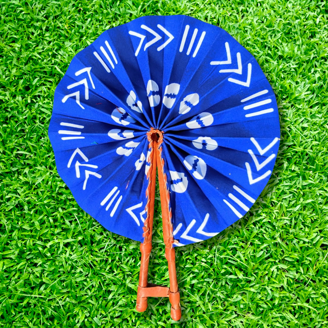 Royal Blue White Foldable Ghanaian Ankara Leather Fan