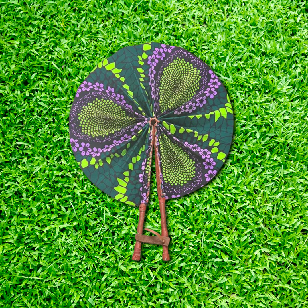 Pink Green Flower Foldable Ghanaian Ankara Leather Fan